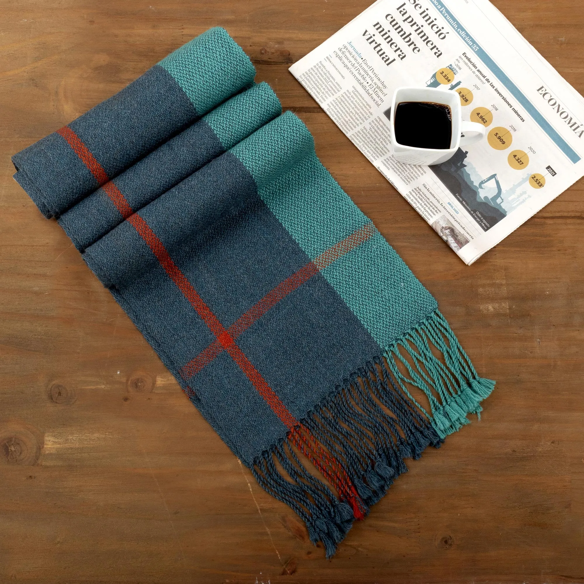 100% Baby Alpaca Handwoven Plaid Wrap Scarf 'Deep Plaid' | NOVICA