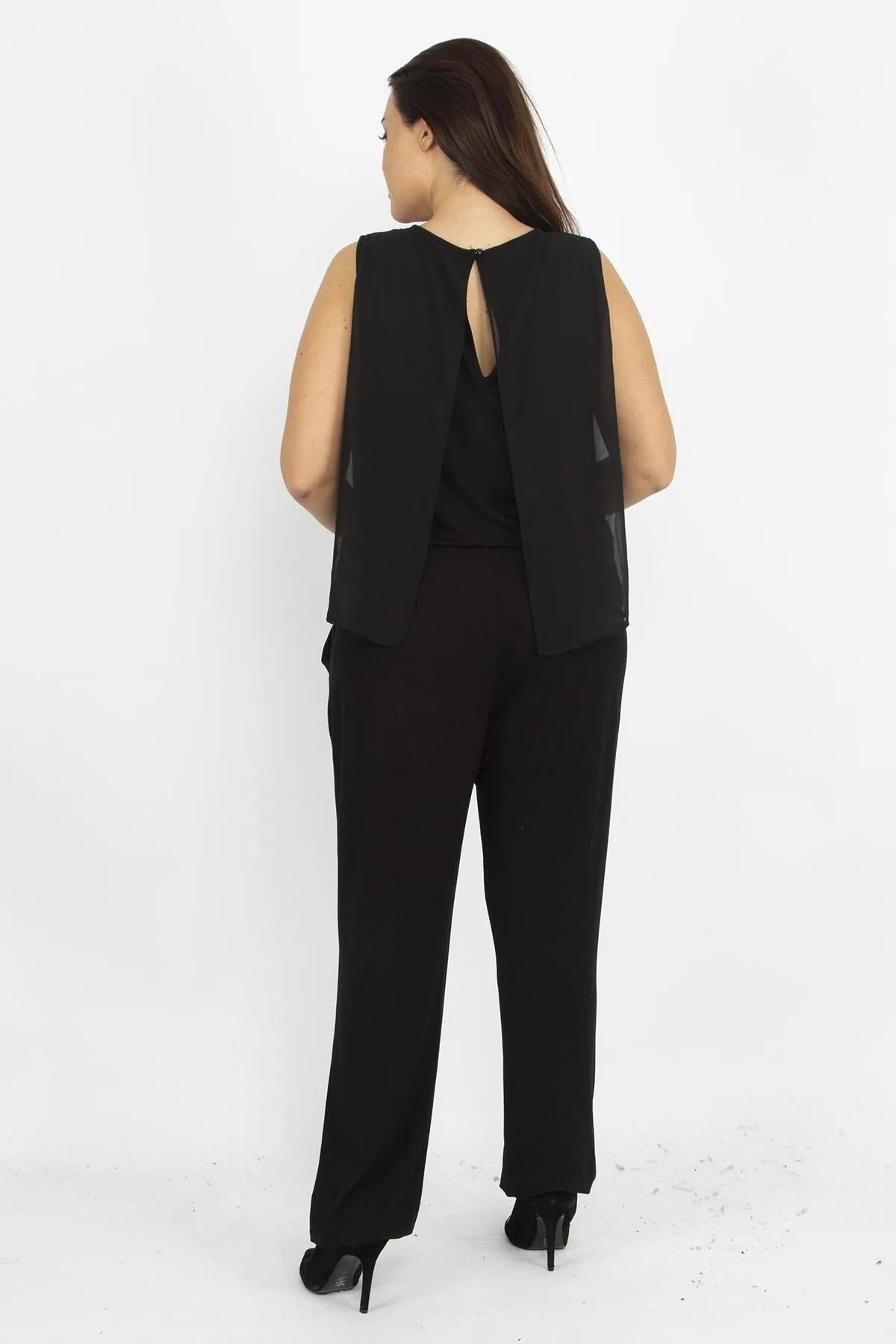 16250 Black Chiffon Cape Jumpsuit