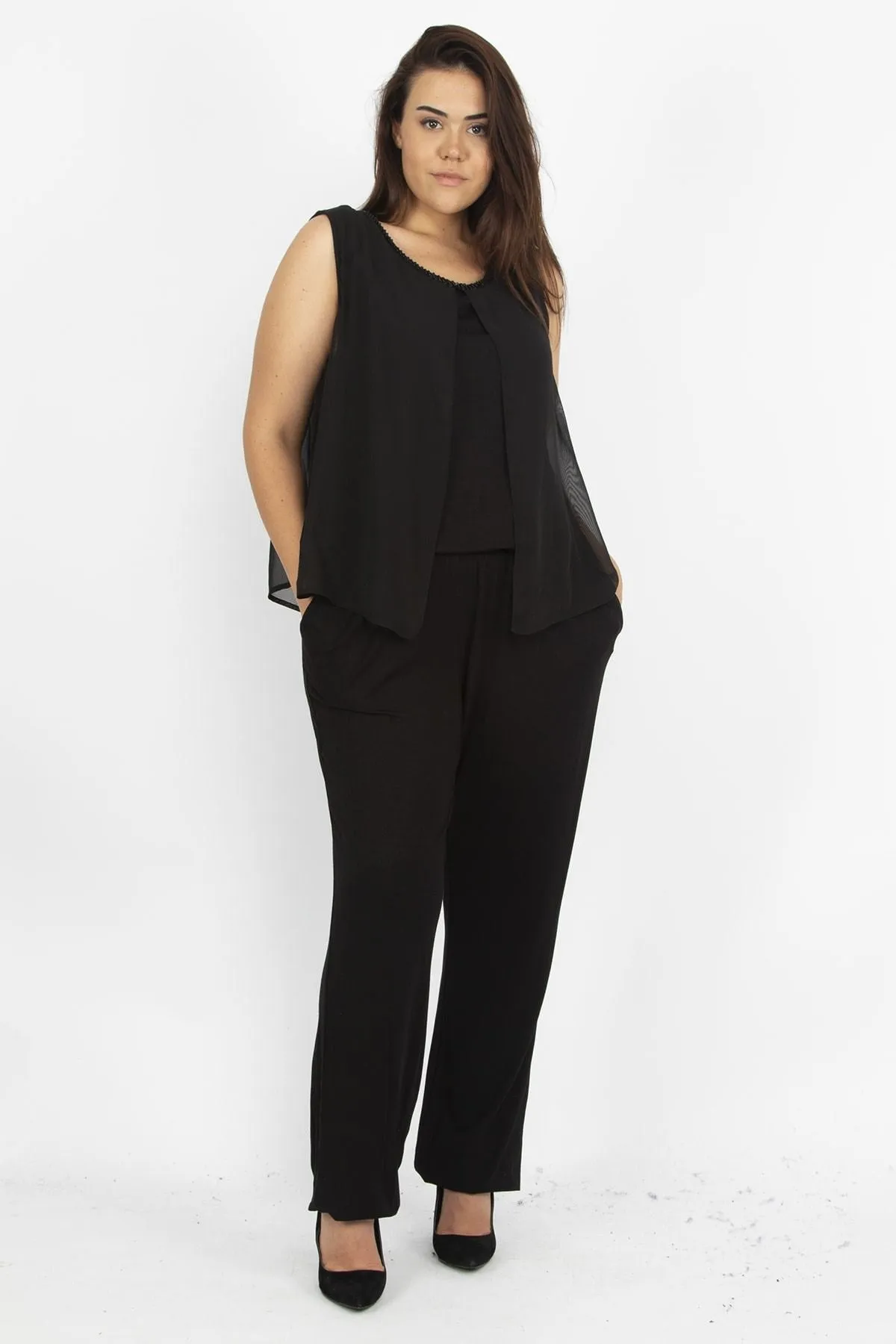 16250 Black Chiffon Cape Jumpsuit