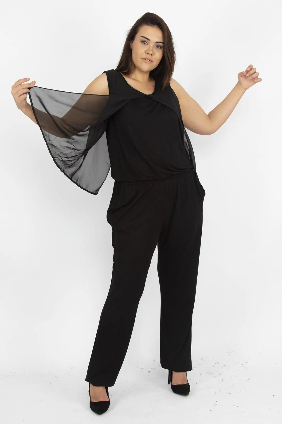 16250 Black Chiffon Cape Jumpsuit