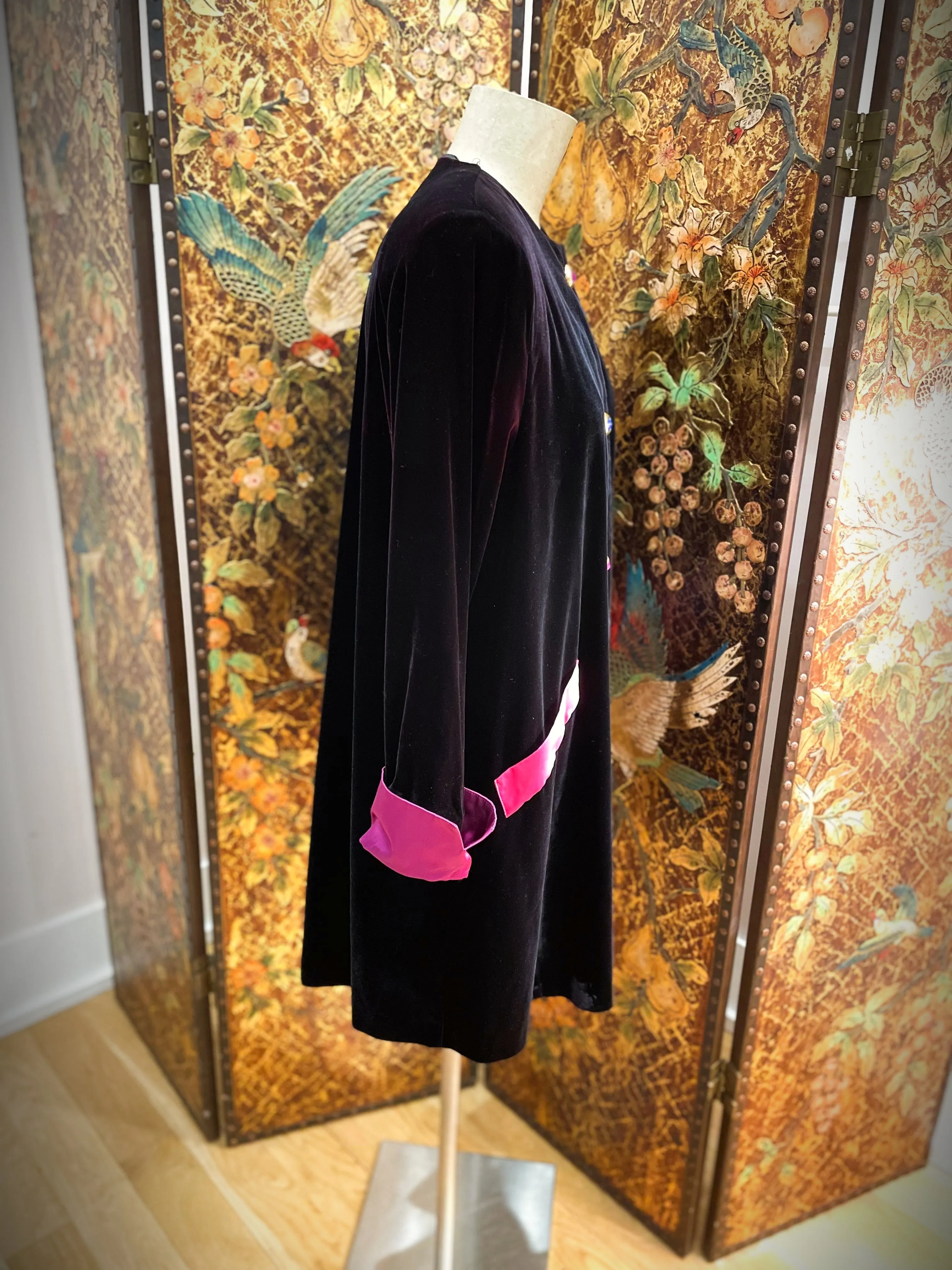 1980s Black Velvet & Multi Colored Satin Overcoat