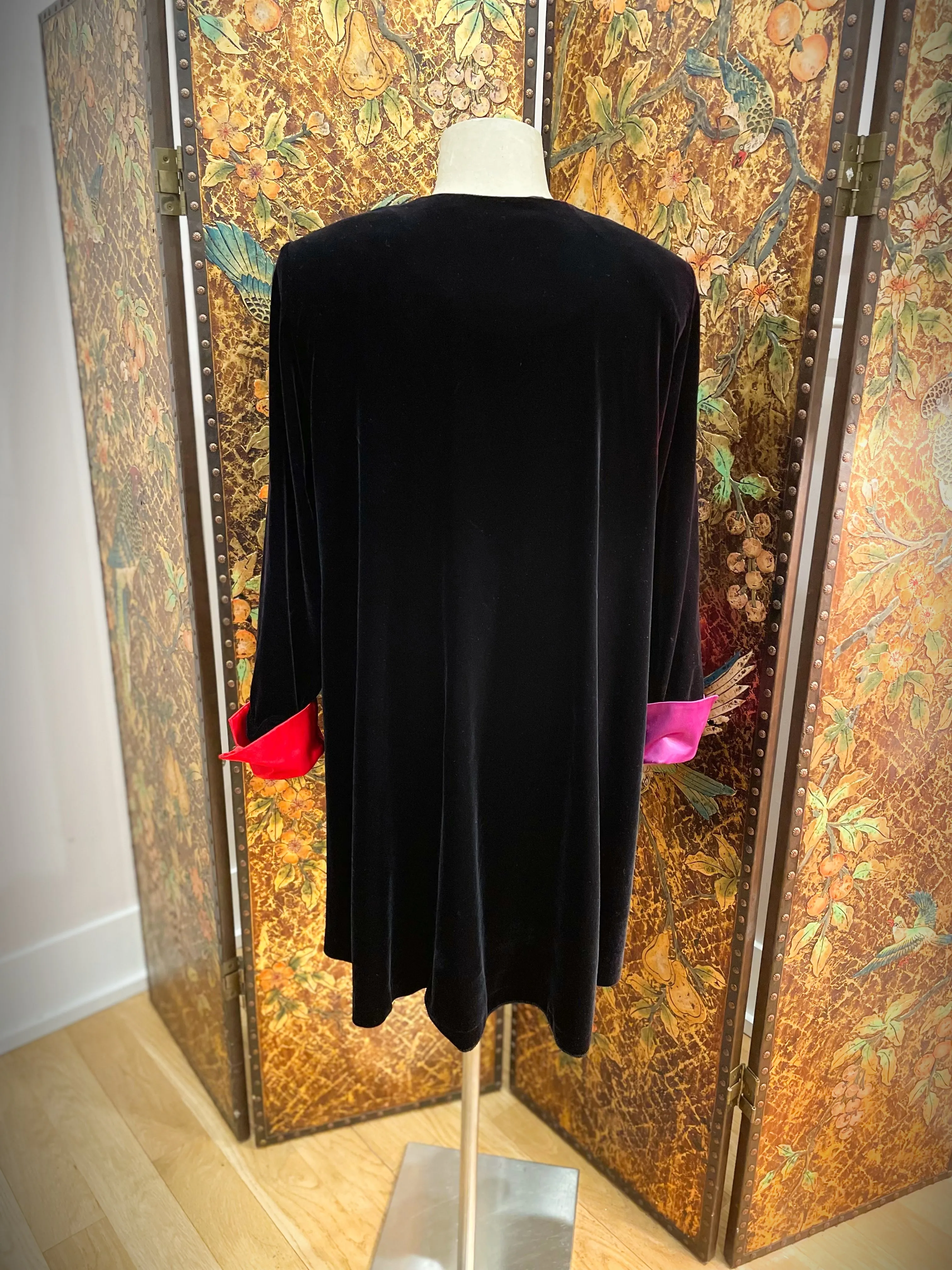 1980s Black Velvet & Multi Colored Satin Overcoat