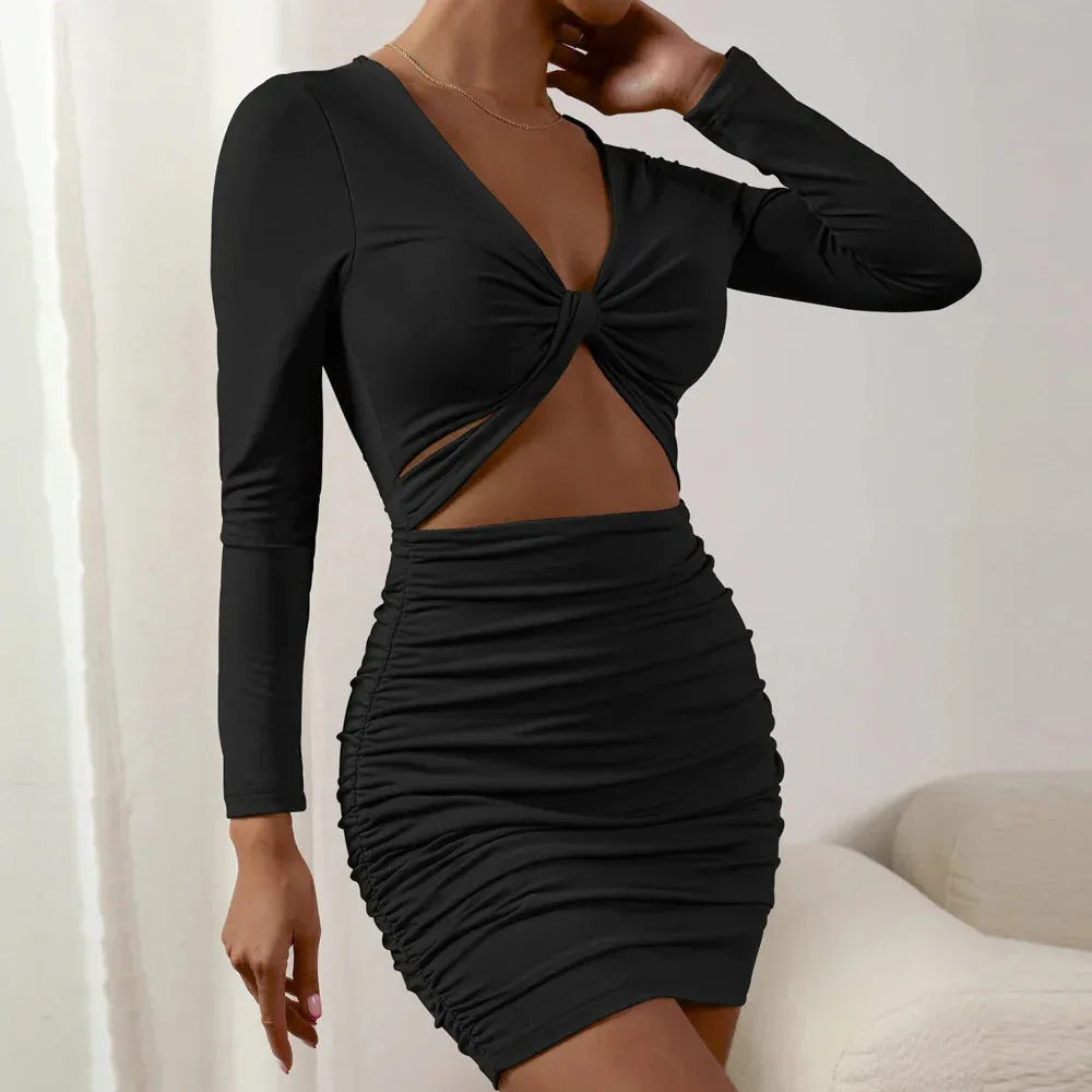 2024 Ruffle Black Sexy Out Long Bodycon Autumn Tight Sleeve Short Hollow Dress Dress