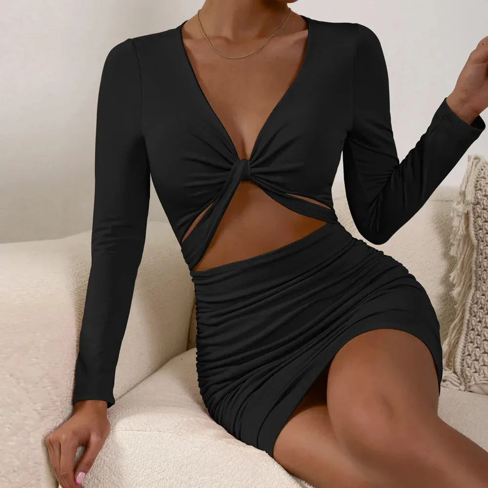 2024 Ruffle Black Sexy Out Long Bodycon Autumn Tight Sleeve Short Hollow Dress Dress