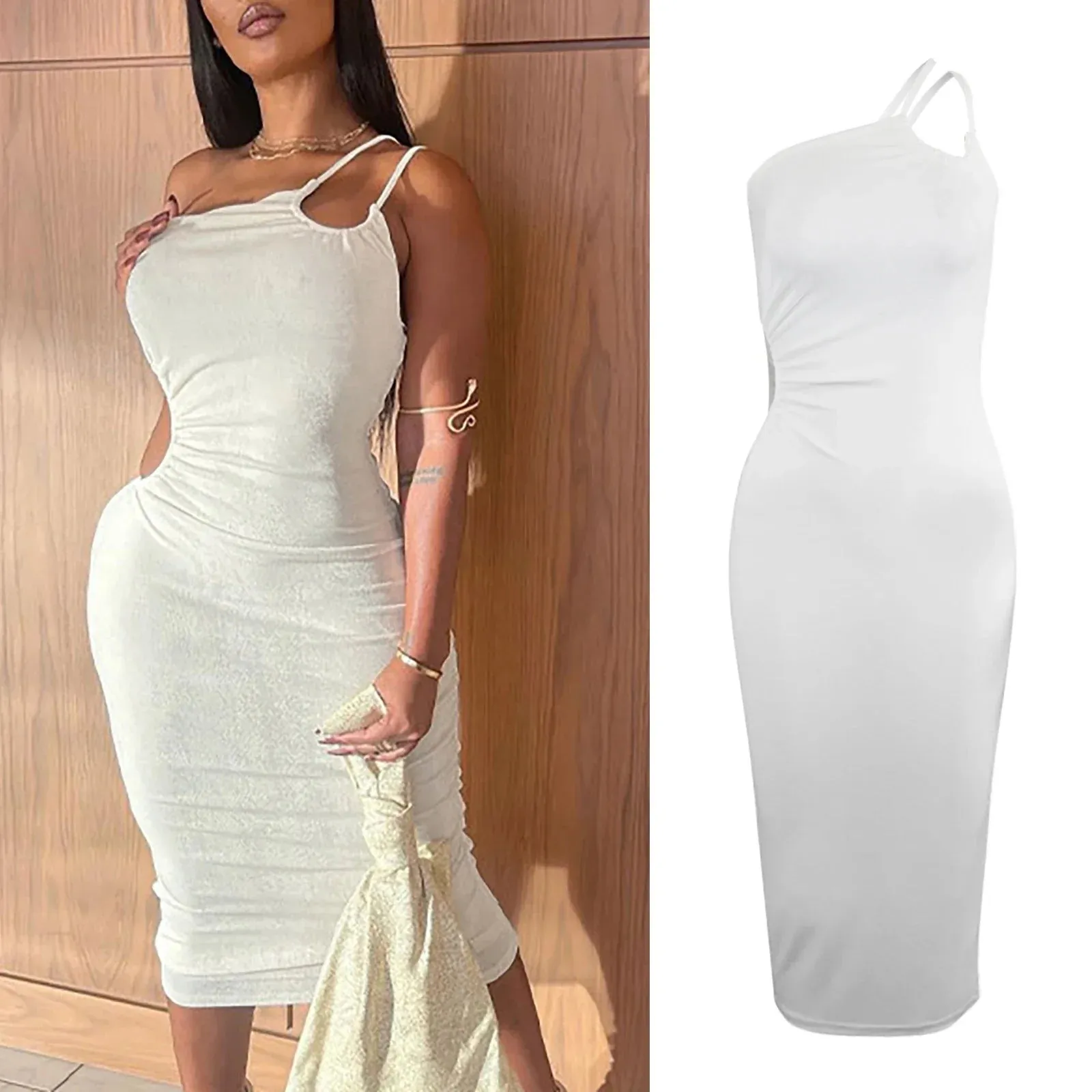 2024 Summer Autumn Women White Black Strap Bodycon Sexy Streetwear Party Club Elegant Midi Dress