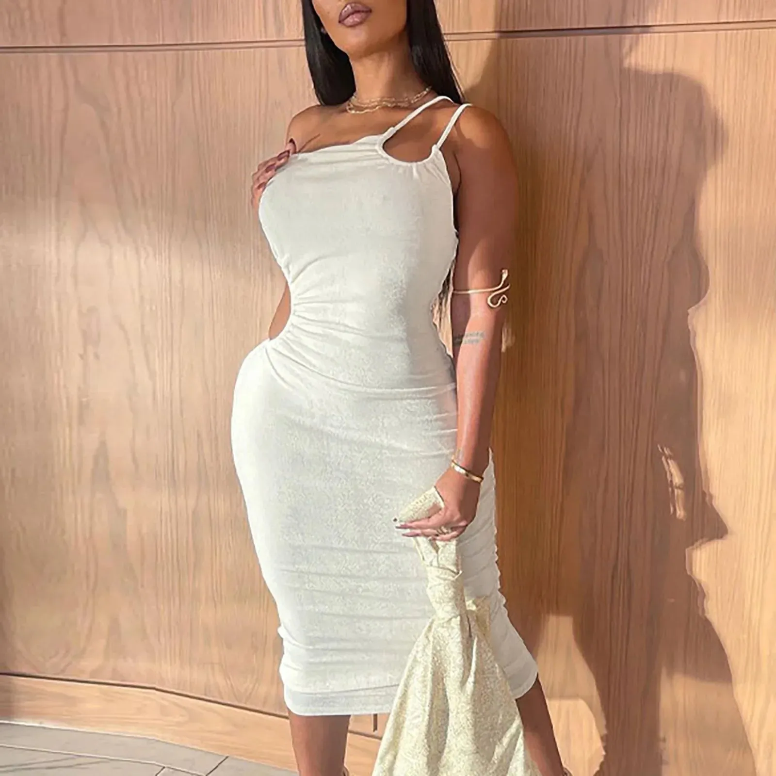 2024 Summer Autumn Women White Black Strap Bodycon Sexy Streetwear Party Club Elegant Midi Dress