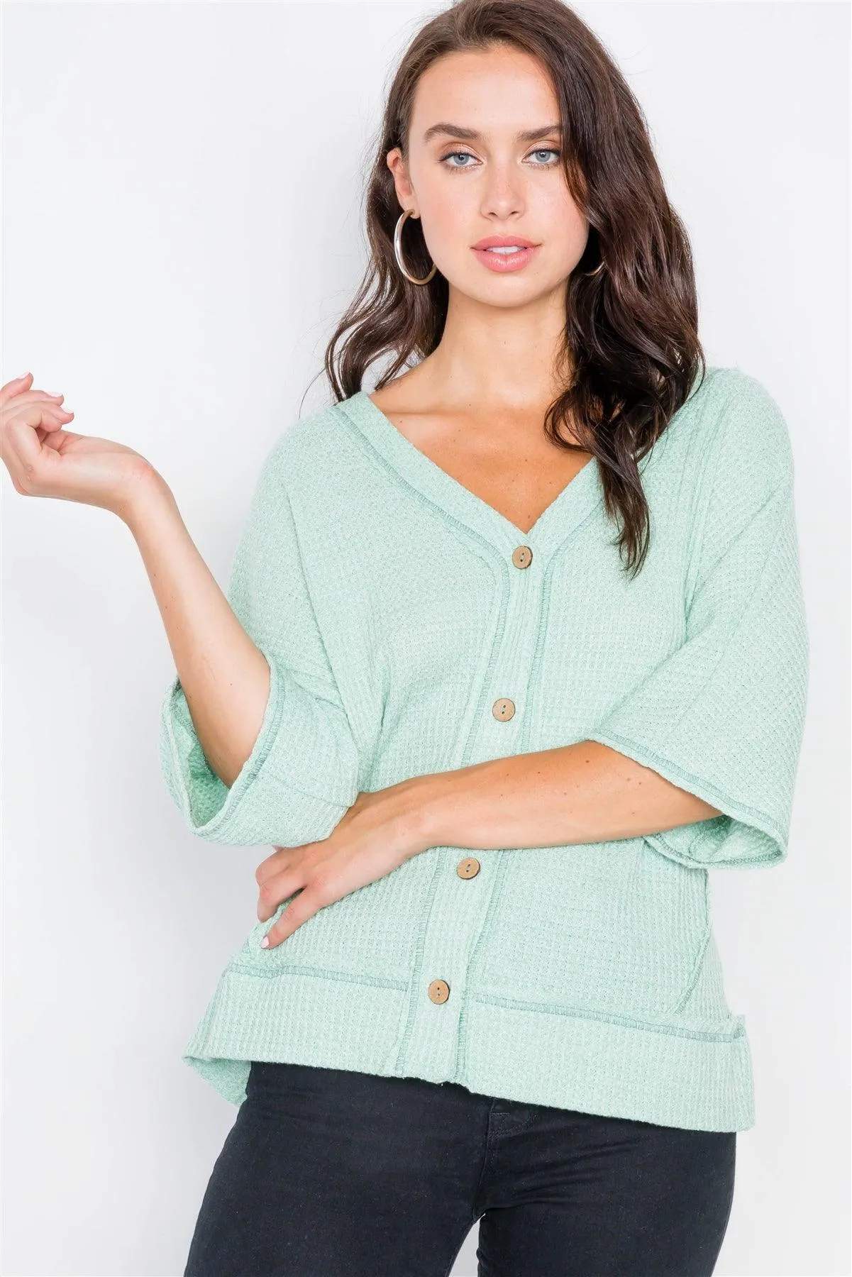 3/4 Sleeve Textured V-Neck Cardigan Kimono Top