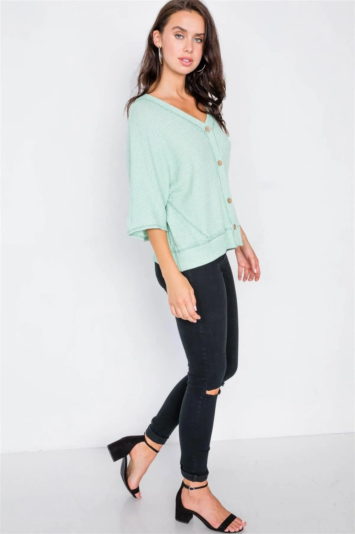 3/4 Sleeve Textured V-Neck Cardigan Kimono Top