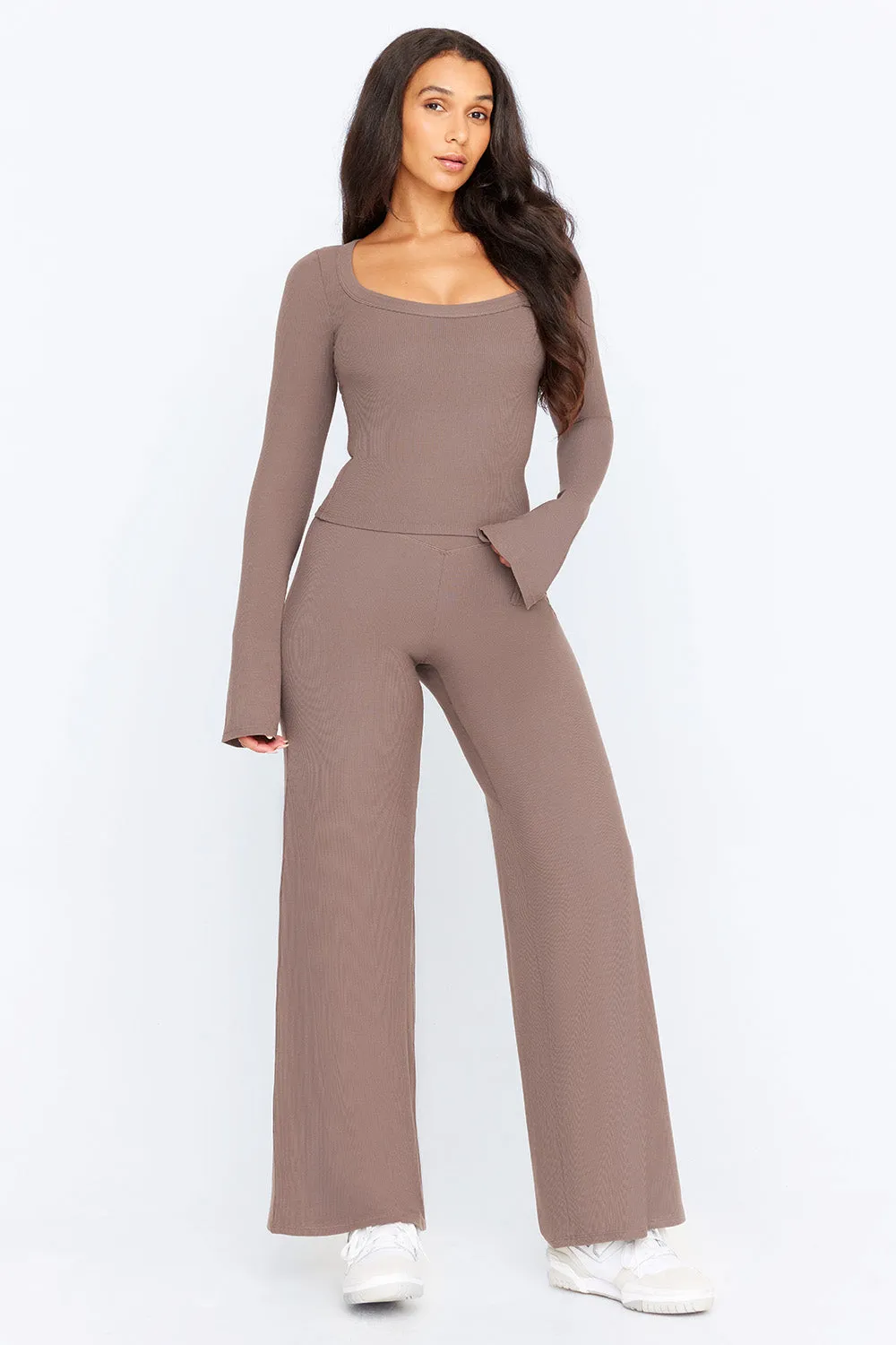 365 SCULPTING LOUNGE WRAP WAIST WIDE LEG TROUSERS - MOCHA