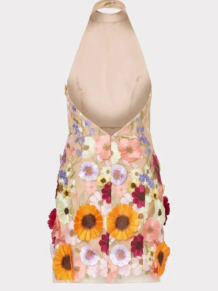 3D Flower Bodycon Summer Sleeveless Backless Mini Dress with Floral Embroidery for Women