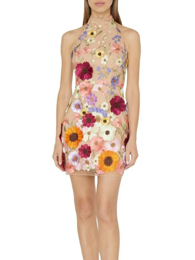 3D Flower Bodycon Summer Sleeveless Backless Mini Dress with Floral Embroidery for Women