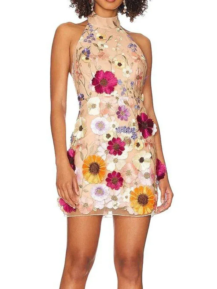 3D Flower Bodycon Summer Sleeveless Backless Mini Dress with Floral Embroidery for Women