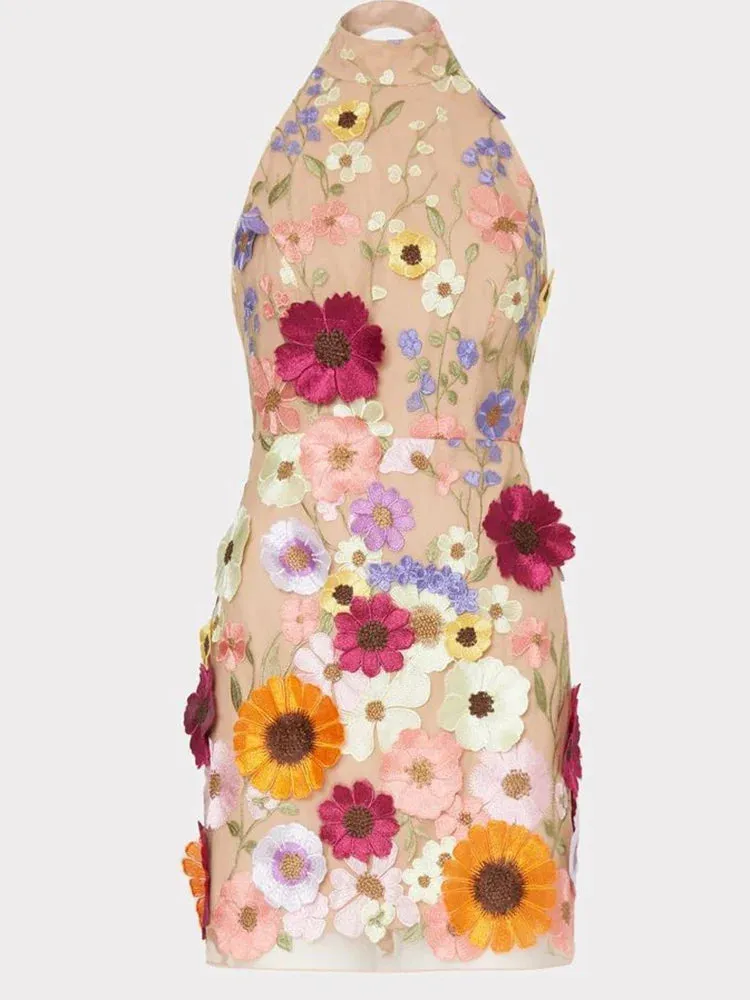 3D Flower Bodycon Summer Sleeveless Backless Mini Dress with Floral Embroidery for Women