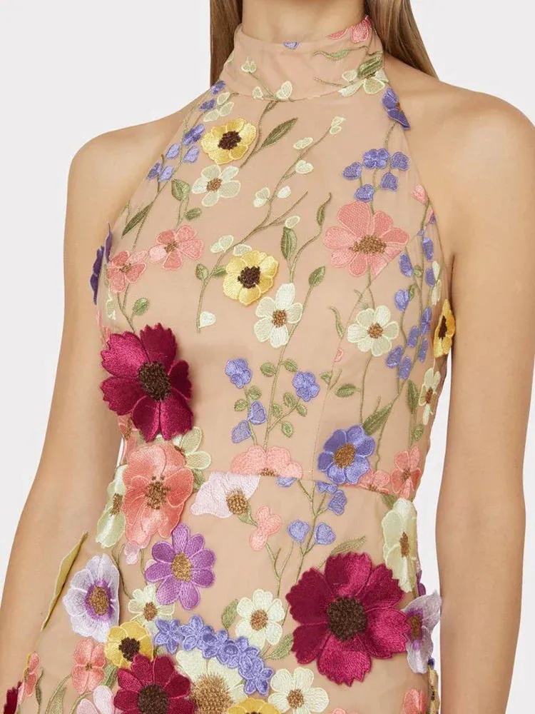 3D Flower Bodycon Summer Sleeveless Backless Mini Dress with Floral Embroidery for Women