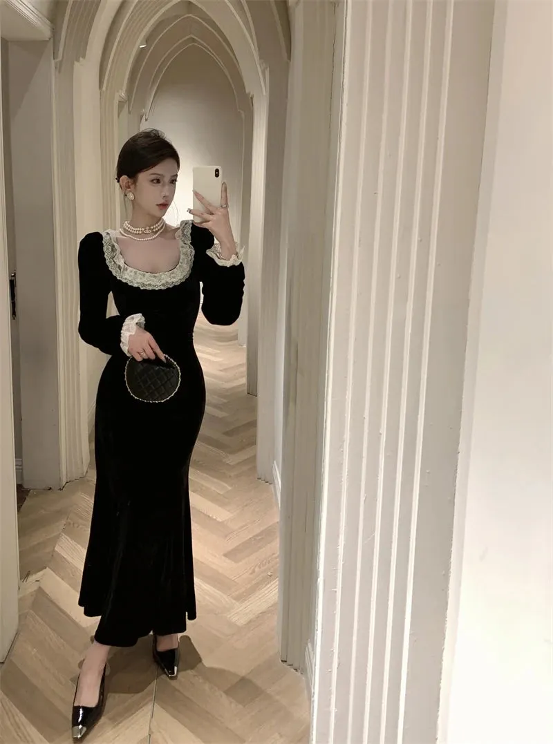 Aiertu Autumn Women Vintage Chic Velvet Black Dress Long Sleeve Bodycon Evening Party Dresses Female Fashion Chic Prom Vestidos Mujers