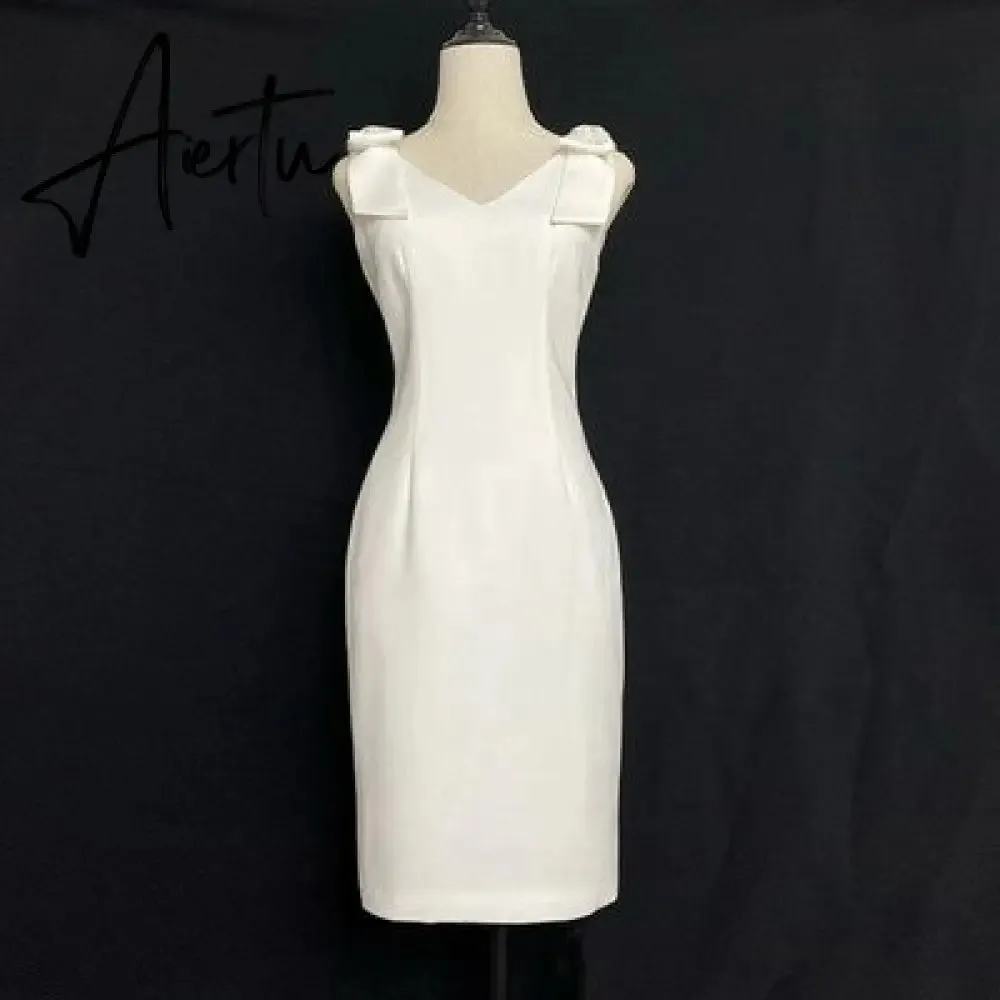 Aiertu French Pearl Beaded Lady Backless Bow Tie Party White Dress  Summer V-neck Sleeveless Bodycon Pencil Dress