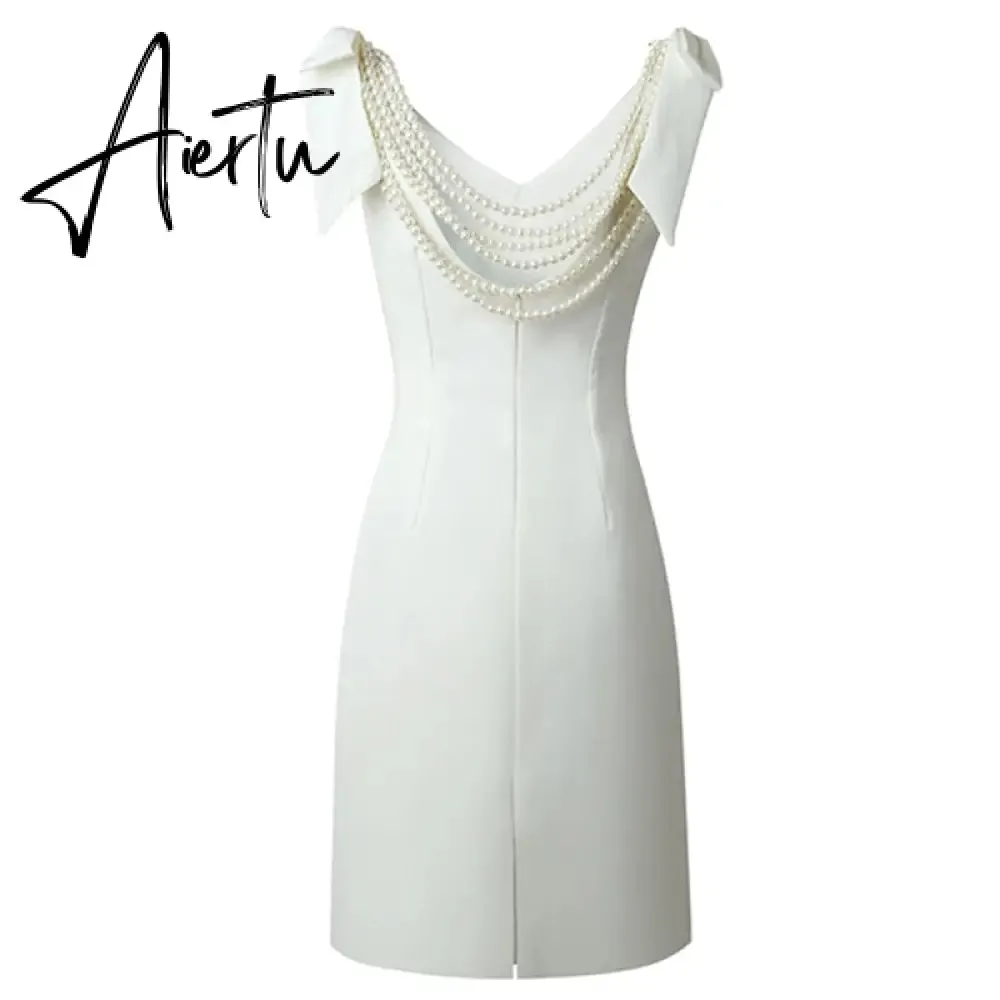 Aiertu French Pearl Beaded Lady Backless Bow Tie Party White Dress  Summer V-neck Sleeveless Bodycon Pencil Dress