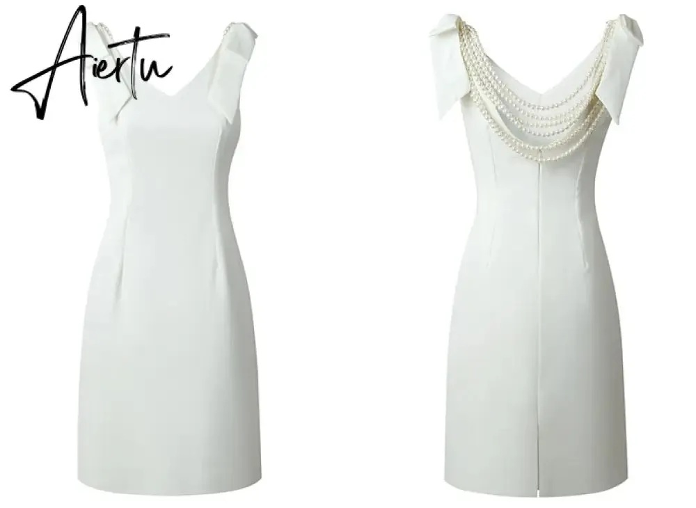 Aiertu French Pearl Beaded Lady Backless Bow Tie Party White Dress  Summer V-neck Sleeveless Bodycon Pencil Dress