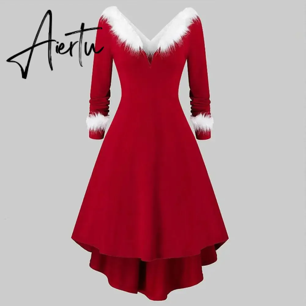 Aieru Winter Women Christmas Dress Elegant Puff Long Sleeve Faux Fur Collar Midi Party Costume Xmas New Year Festival Robe