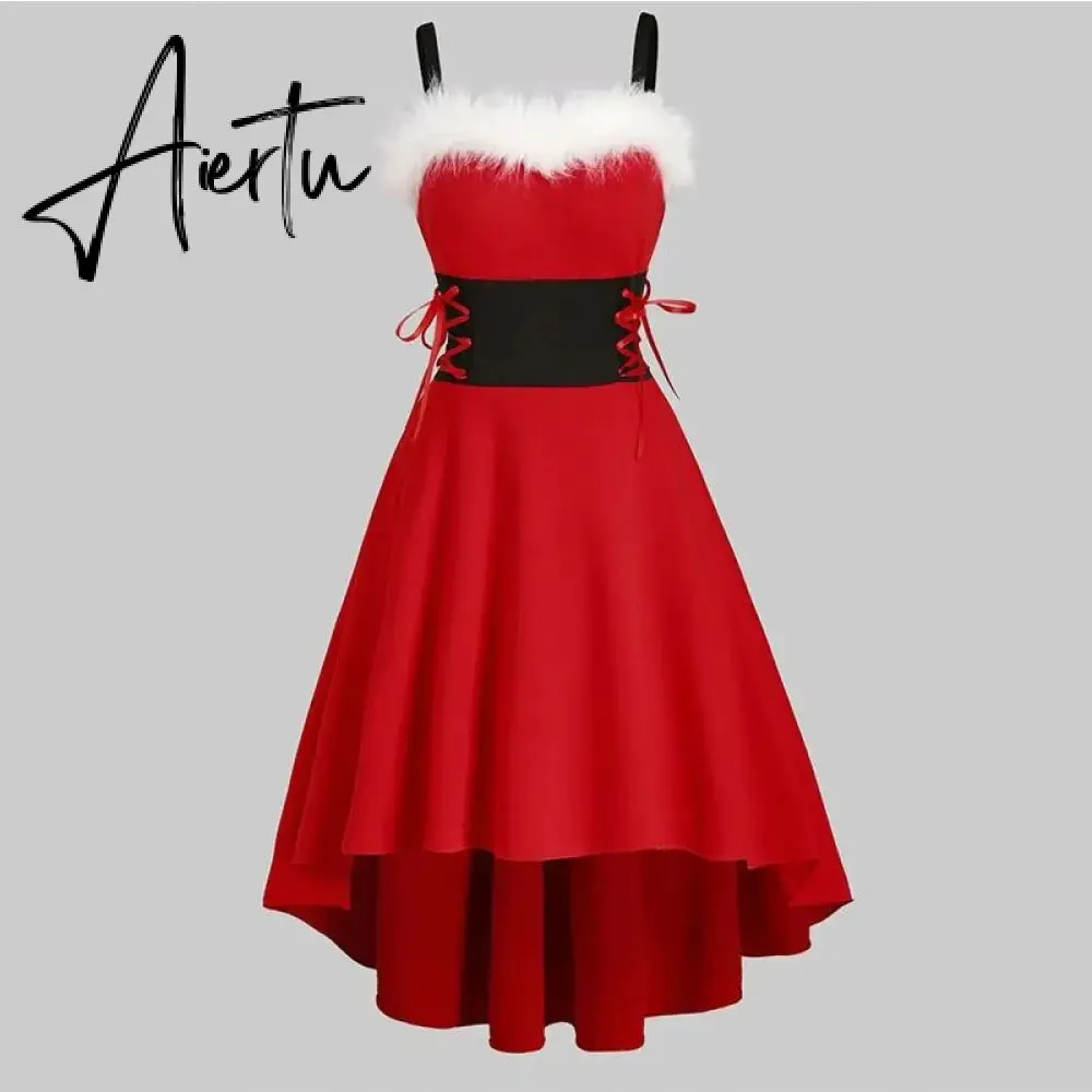 Aieru Winter Women Christmas Dress Elegant Puff Long Sleeve Faux Fur Collar Midi Party Costume Xmas New Year Festival Robe