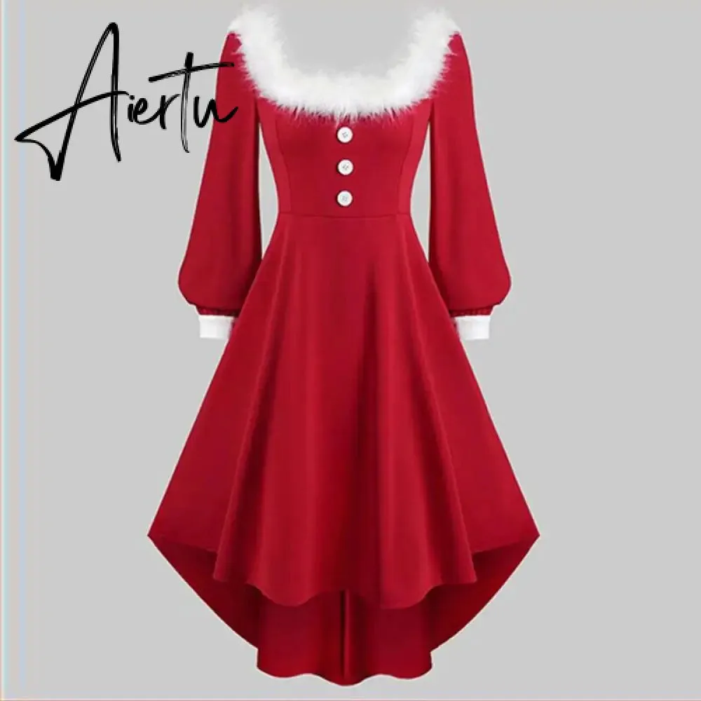 Aieru Winter Women Christmas Dress Elegant Puff Long Sleeve Faux Fur Collar Midi Party Costume Xmas New Year Festival Robe