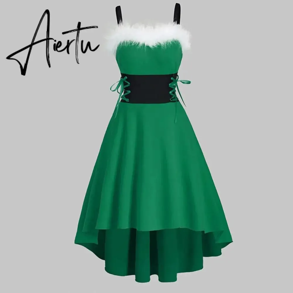 Aieru Winter Women Christmas Dress Elegant Puff Long Sleeve Faux Fur Collar Midi Party Costume Xmas New Year Festival Robe