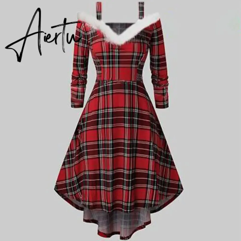 Aieru Winter Women Christmas Dress Elegant Puff Long Sleeve Faux Fur Collar Midi Party Costume Xmas New Year Festival Robe