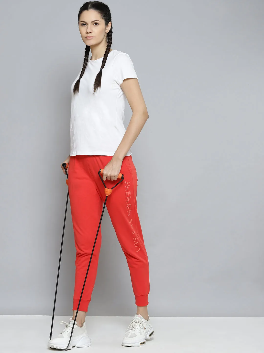 Alcis Women Coral Red Slim Fit Cropped Running Joggers