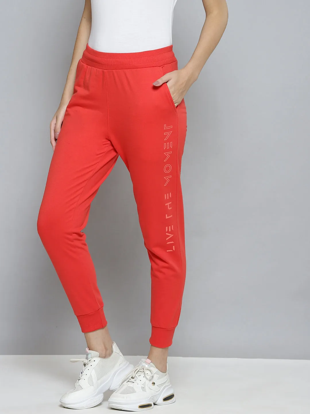 Alcis Women Coral Red Slim Fit Cropped Running Joggers