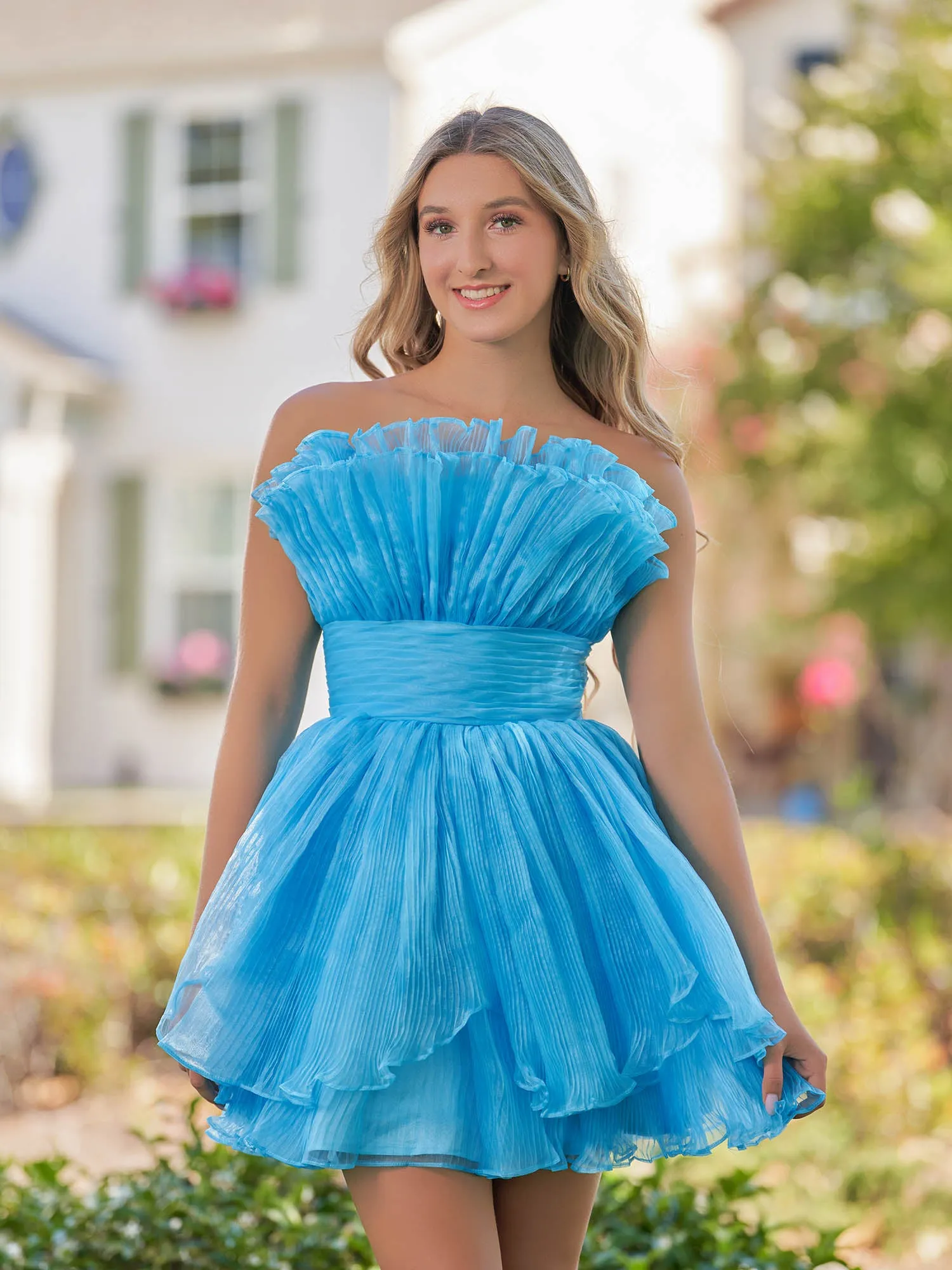 Amaia | Blue A-Line Strapless Pleated Short Tiered Homecoming Dress