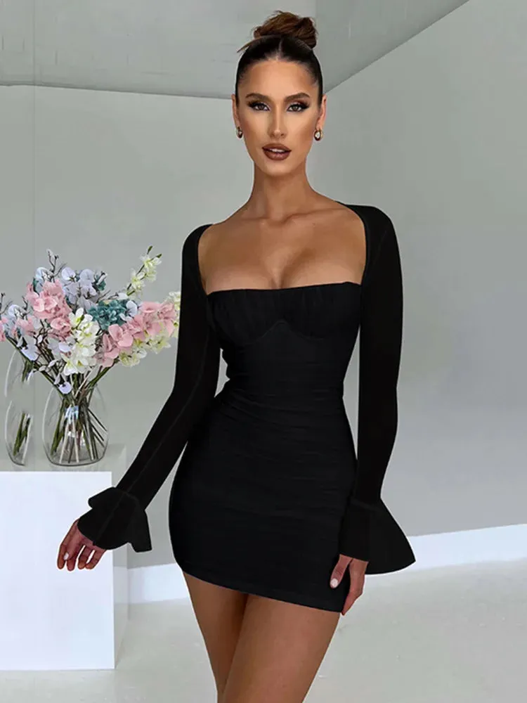 Amozae-hoco dresses Amozae Elegant Backless Sexy Mini Dress For Women Robe Two Layer Mesh Full Sleeve Zipper Bodycon Party Short Dress Vestido