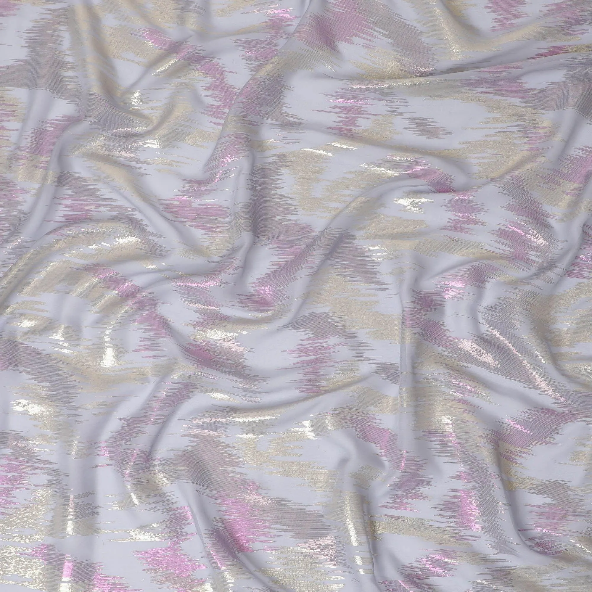 Ash grey Premium pure silk chiffon fabric with gold and pink metallic lurex in abstract design-D12321