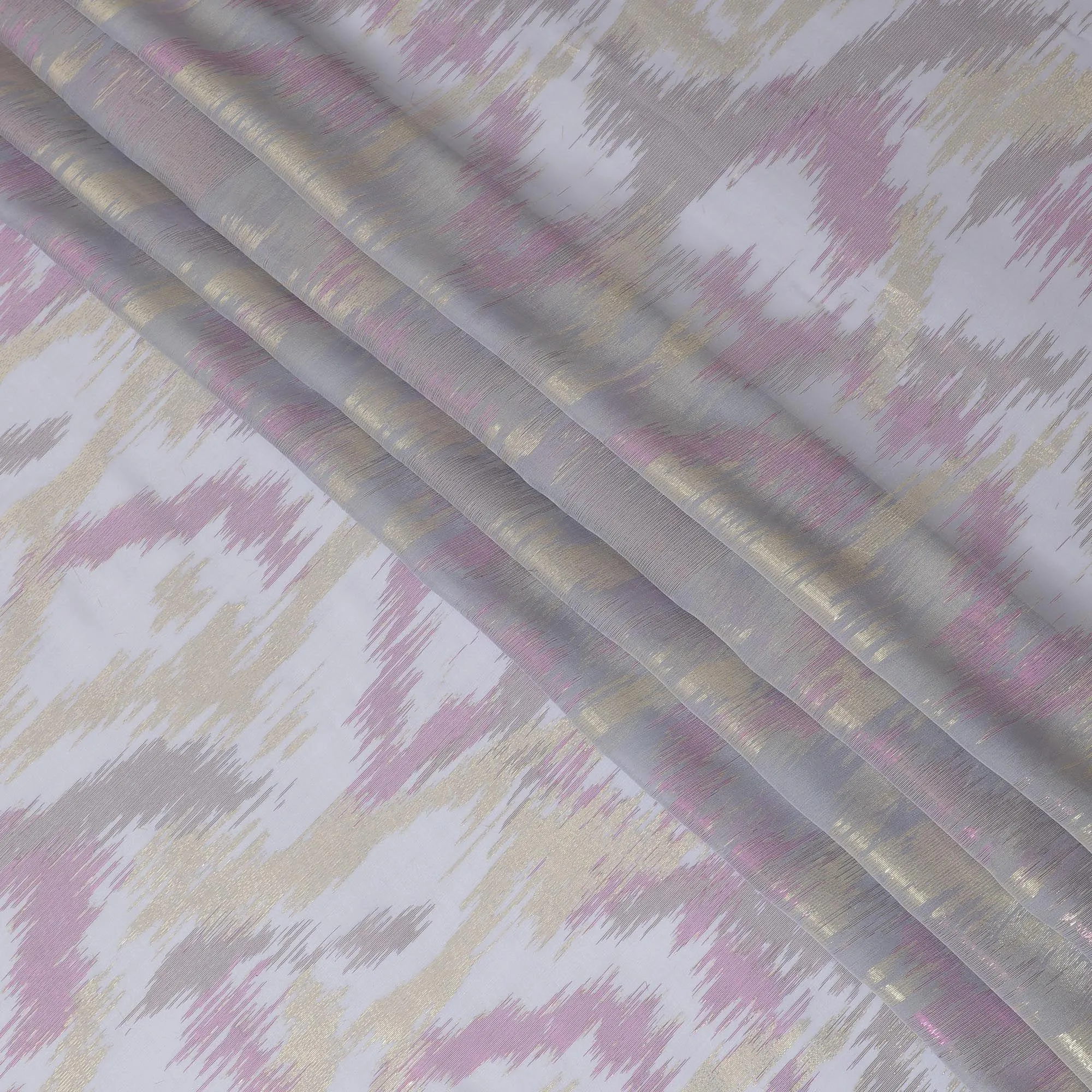 Ash grey Premium pure silk chiffon fabric with gold and pink metallic lurex in abstract design-D12321