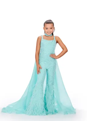 Ashley Lauren Kids 8210 Size 12 Aqua Pageant Jumpsuit Crystal Feather Embellished Bell Bottom Cape