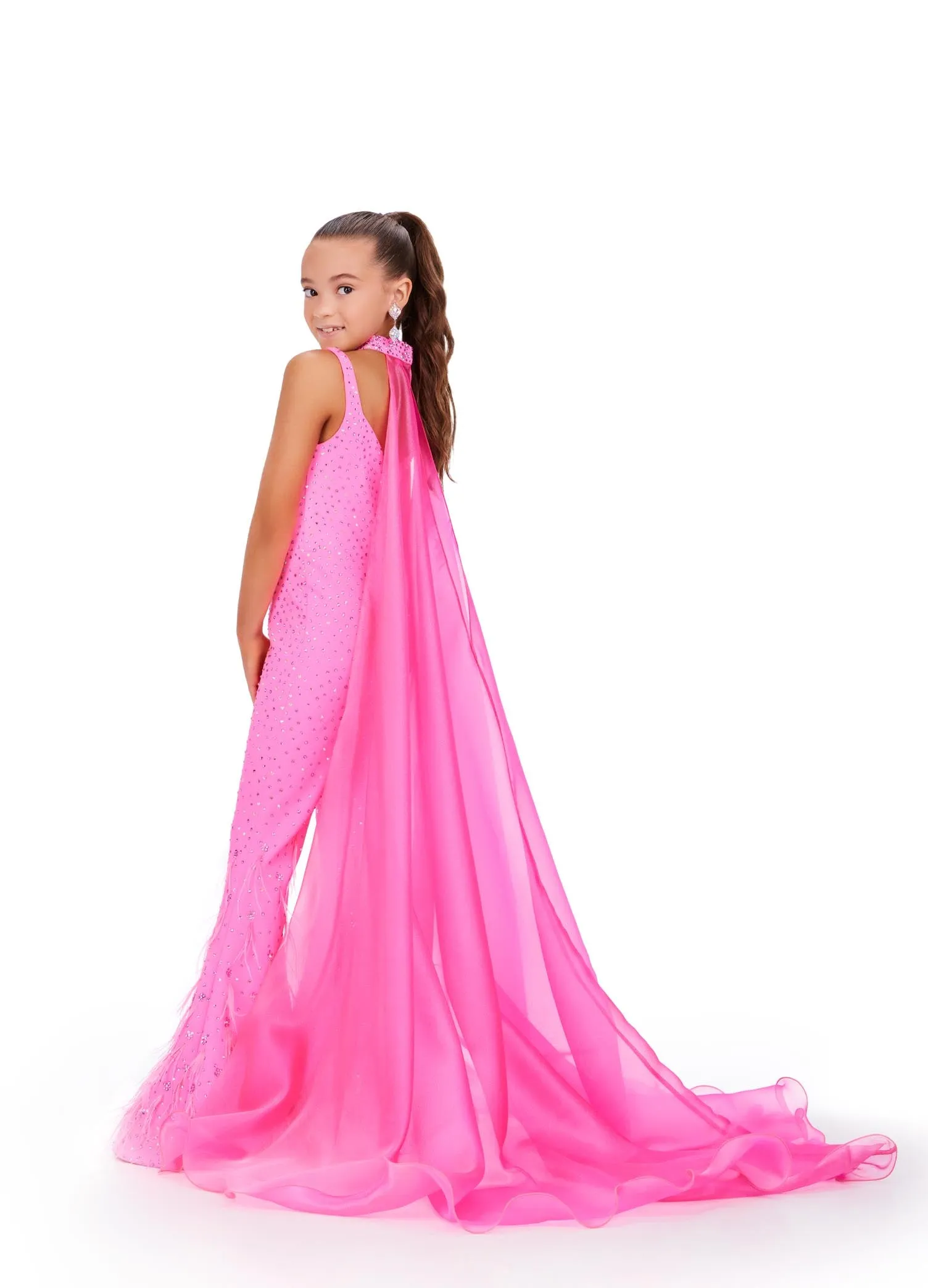 Ashley Lauren Kids 8210 Size 14 Hot Pink Pageant Jumpsuit Crystal Feather Embellished Bell Bottom Cape