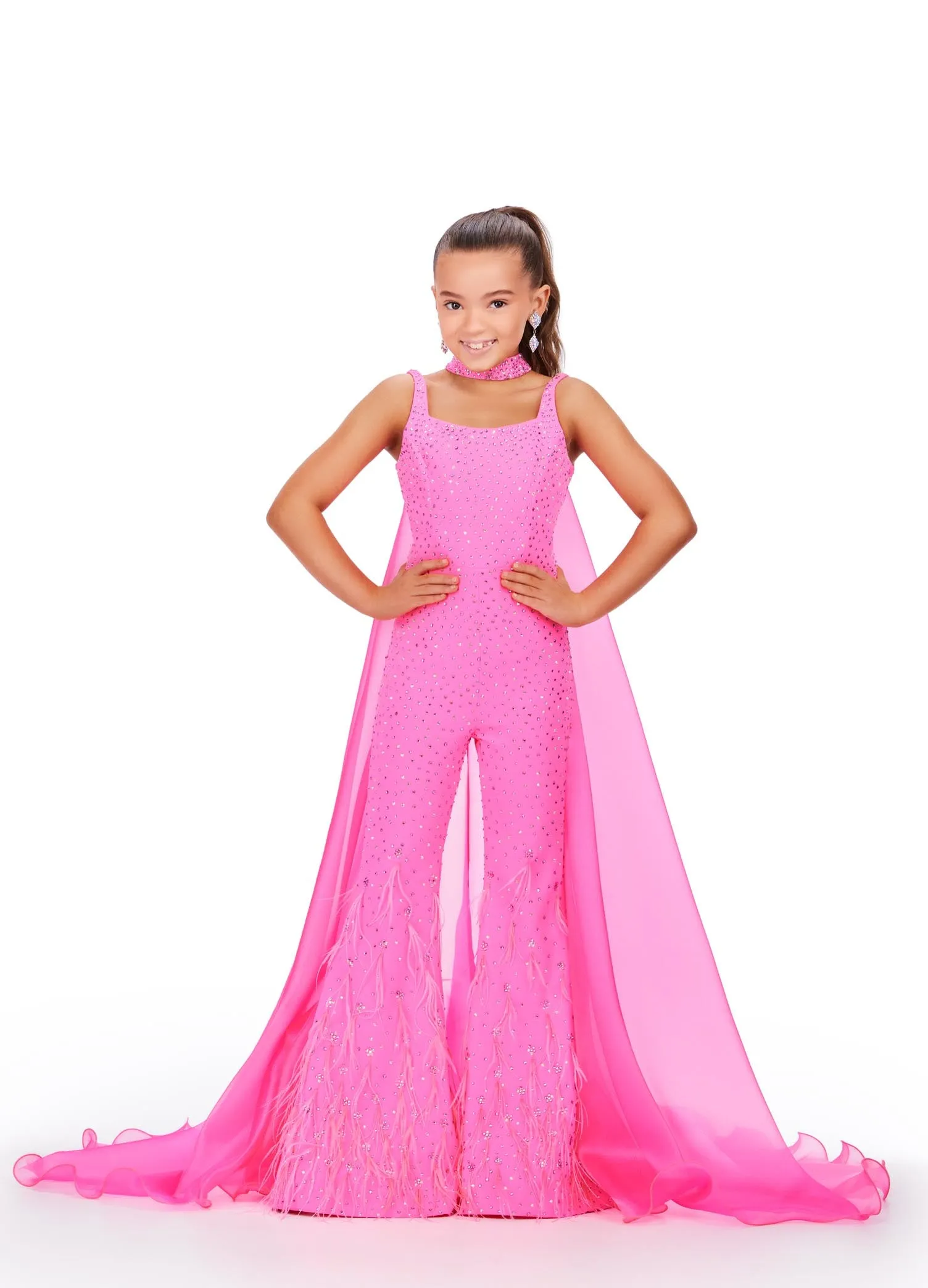 Ashley Lauren Kids 8210 Size 14 Hot Pink Pageant Jumpsuit Crystal Feather Embellished Bell Bottom Cape