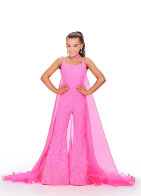 Ashley Lauren Kids 8210 Size 14 Hot Pink Pageant Jumpsuit Crystal Feather Embellished Bell Bottom Cape