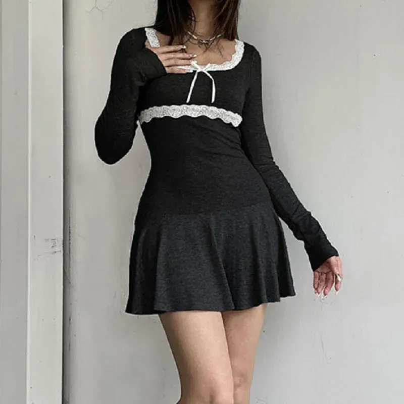 Autumn Sexy Mini Solid Black Long Sleeves Lace Patchwork Bodycon Club Party Dress