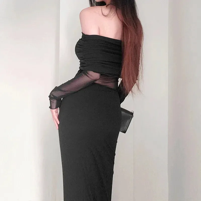 Autumn Sexy Strapless Black Lace Patchwork Streetwear Club Bodycon Dress