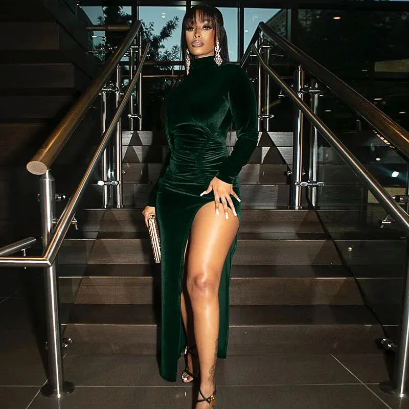 Autumn Winter Women Solid Velvet Long Sleeve Ruched Side Slit Bodycon Midi Dress