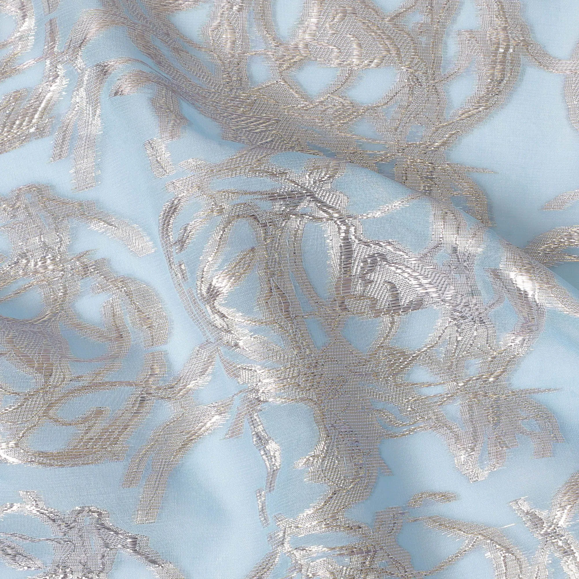 Baby blue premium pure silk chiffon fabric with lilac silver lurex in abstract design-D16873