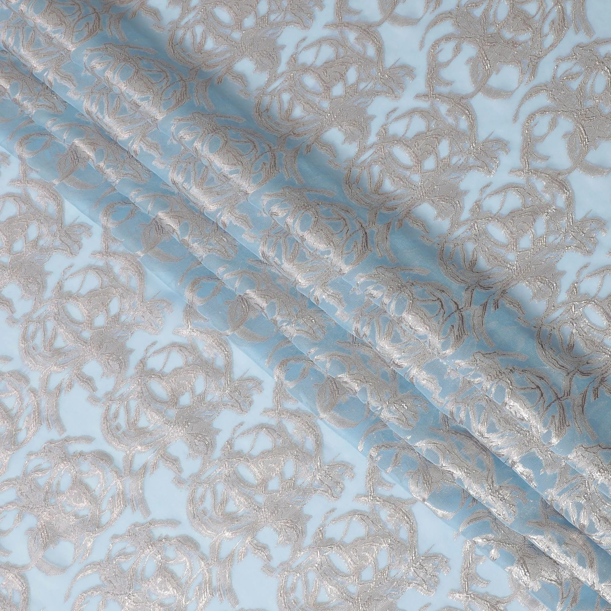 Baby blue premium pure silk chiffon fabric with lilac silver lurex in abstract design-D16873