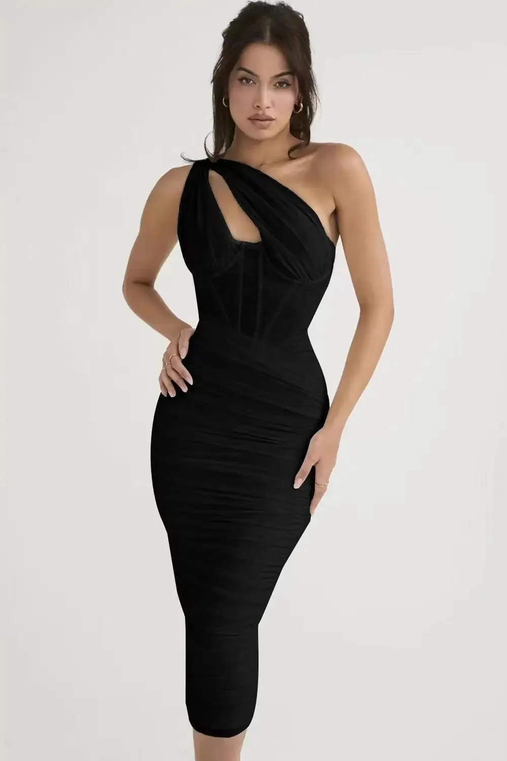 Backless Club Evening Mesh Ruched Off Midi Shoulder Bodycon Long Sexy Dress