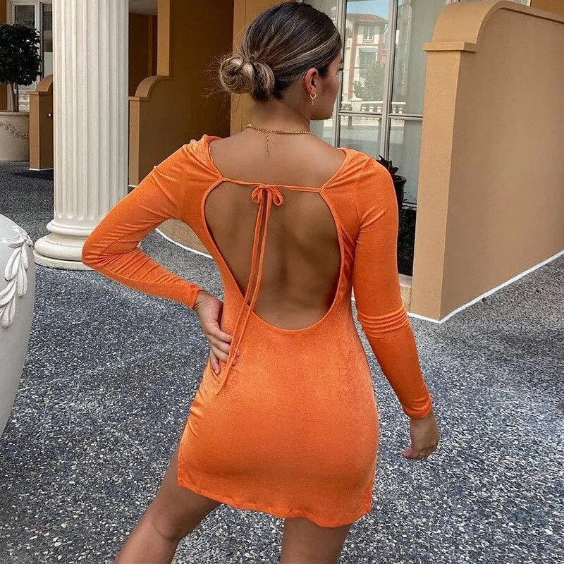 Backless Long Sleeve Split Mini Dress