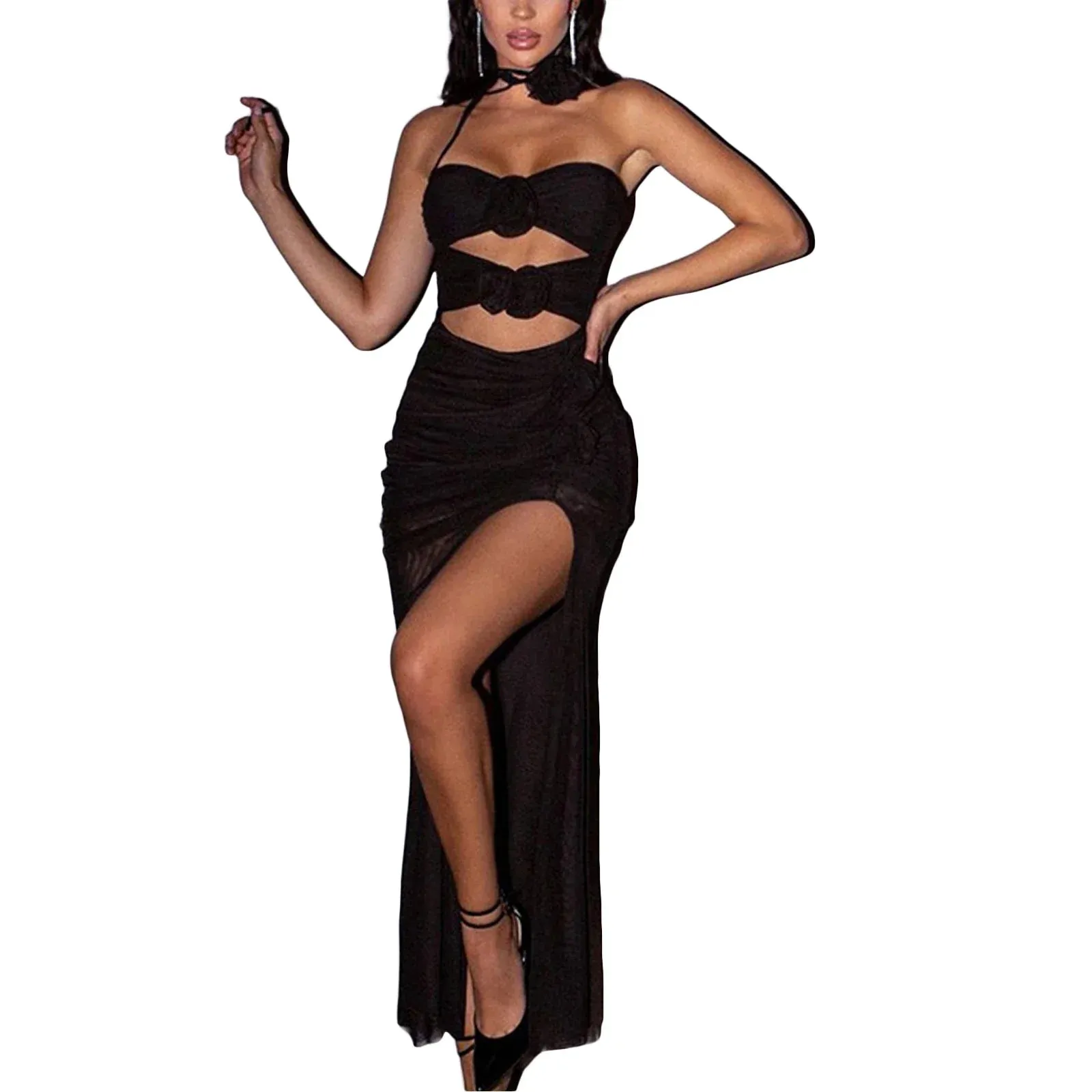 Backless Strapless Ruffle Tassel Sexy Tube Top Bodycon High Split Club Party Casual Summer Dress