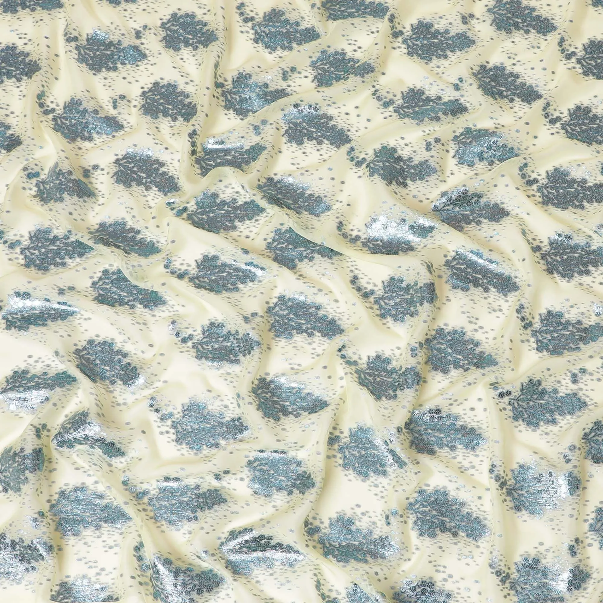 Banana yellow silk chiffon fabric with baby blue and copper metallic lurex in floral design-D8040