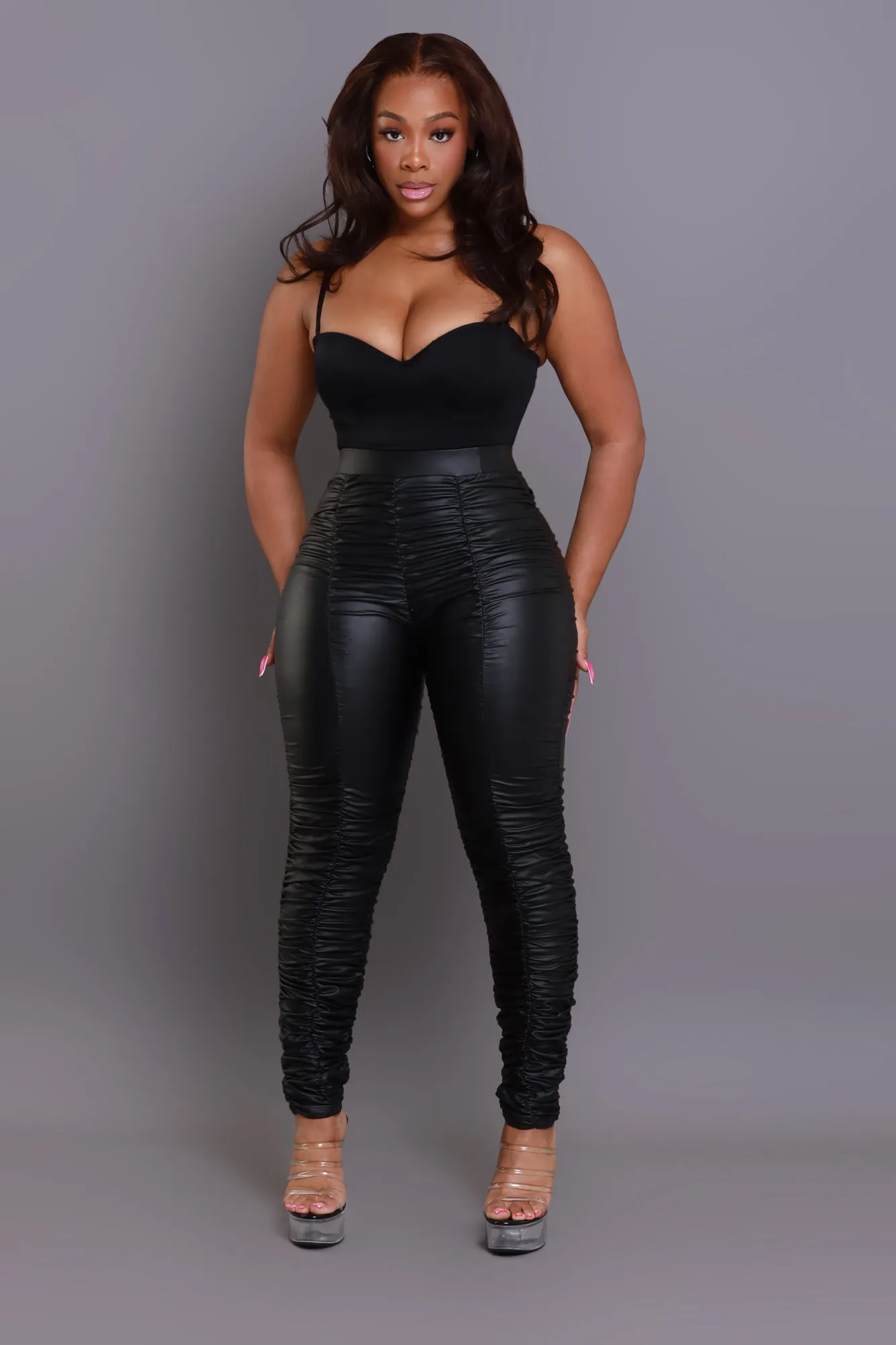 Be Honest Ruched High Waist Pants - Black Faux Leather