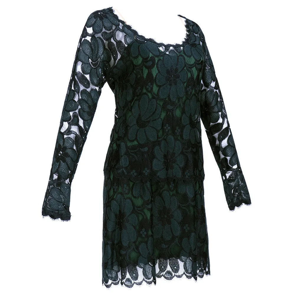 BEENE 80s Black & Green Lace Cocktail Dress