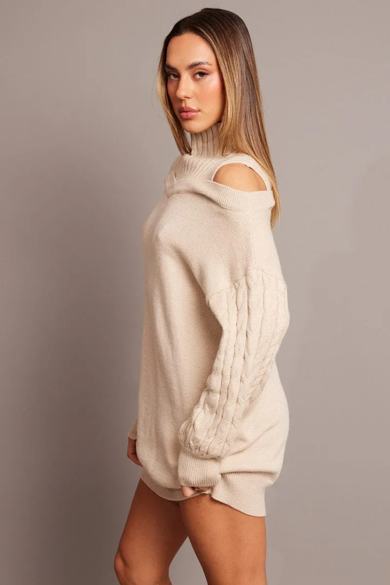 Beige Knit Dress High Neck Jumper Mini