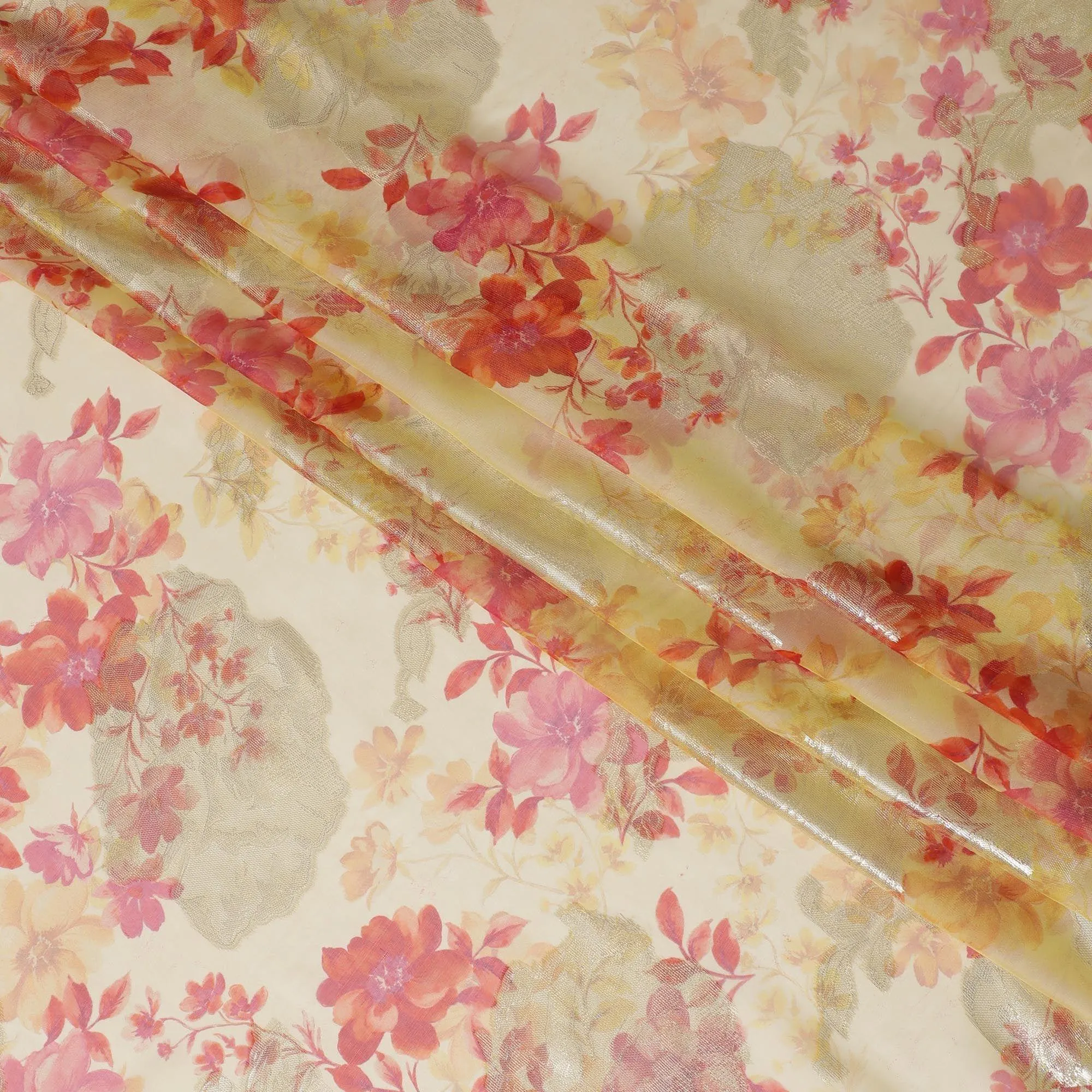 Beige premium pure silk chiffon fabric with brick pink, salmon print having gold metallic lurex in floral design-D10784